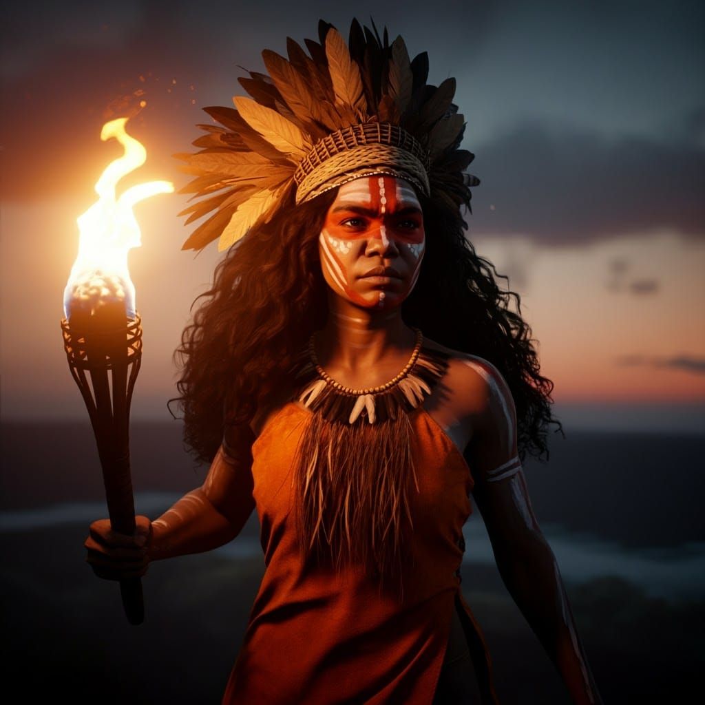 Aboriginal Woman with Torch in Art Nouveau Style