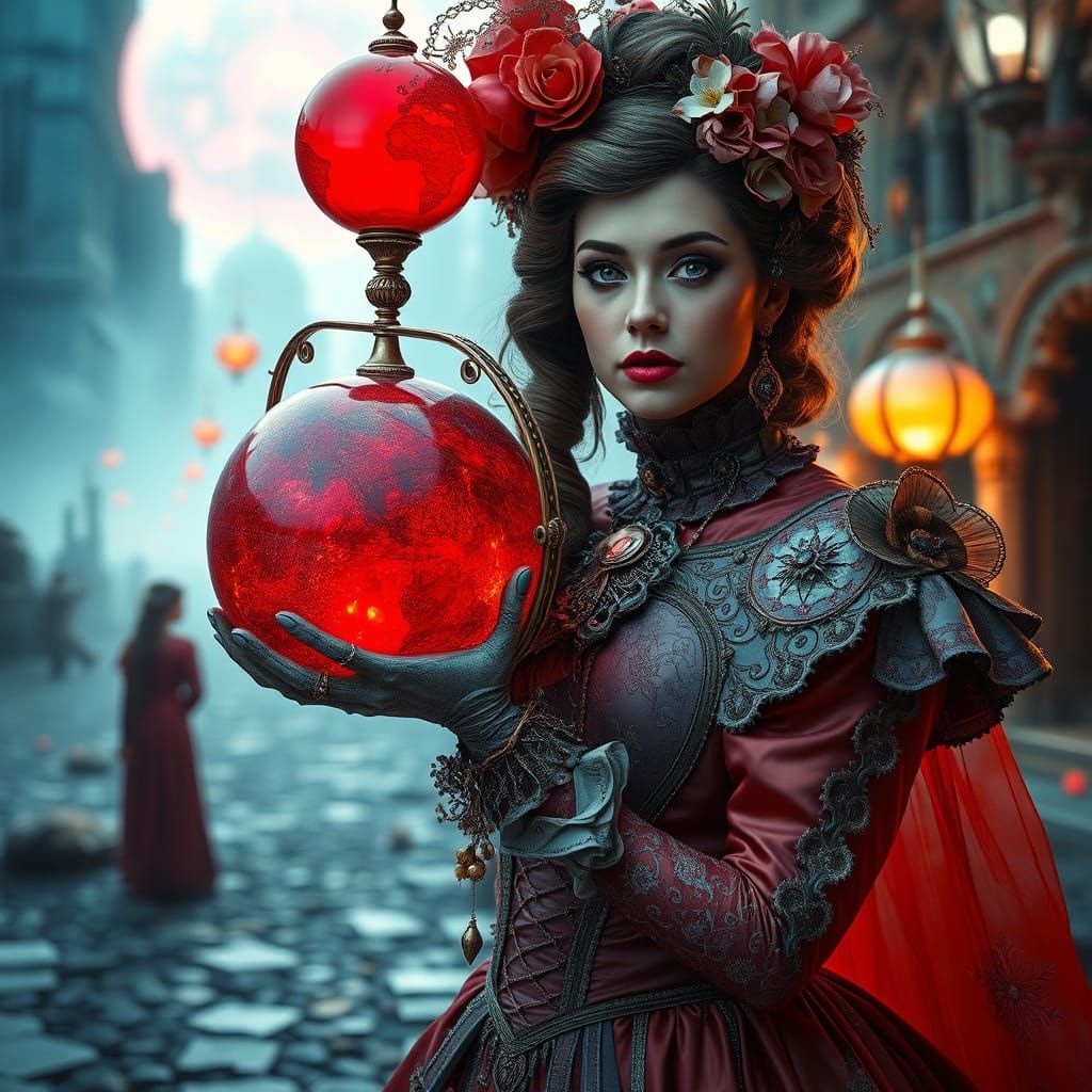Victorian Woman with Red Globe: Futuristic Realism