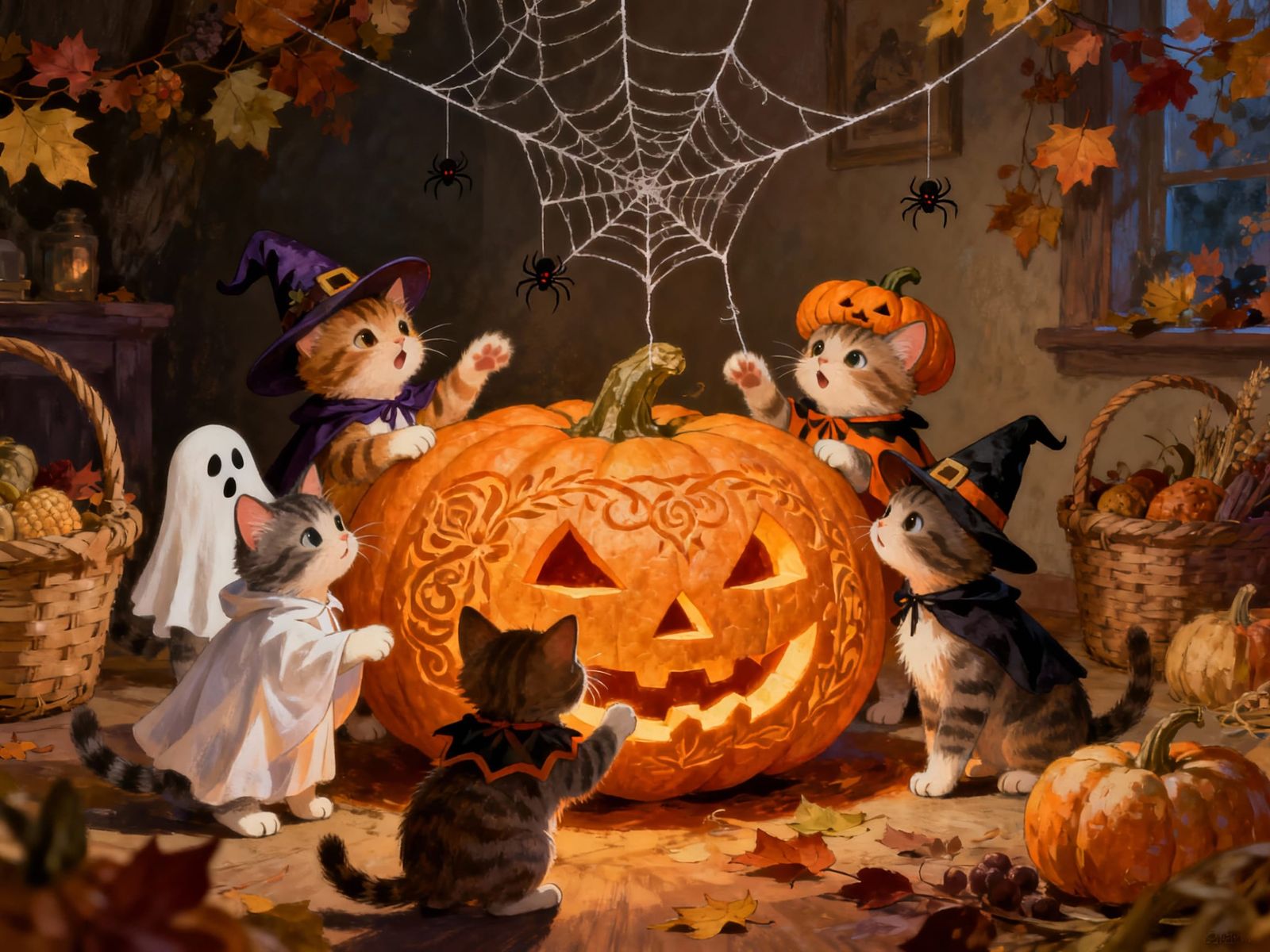 Playful Kittens in Halloween Costumes with Jack-o'-Lantern