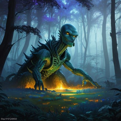 Mystical Alien in Ethereal Forest: Oil Painting