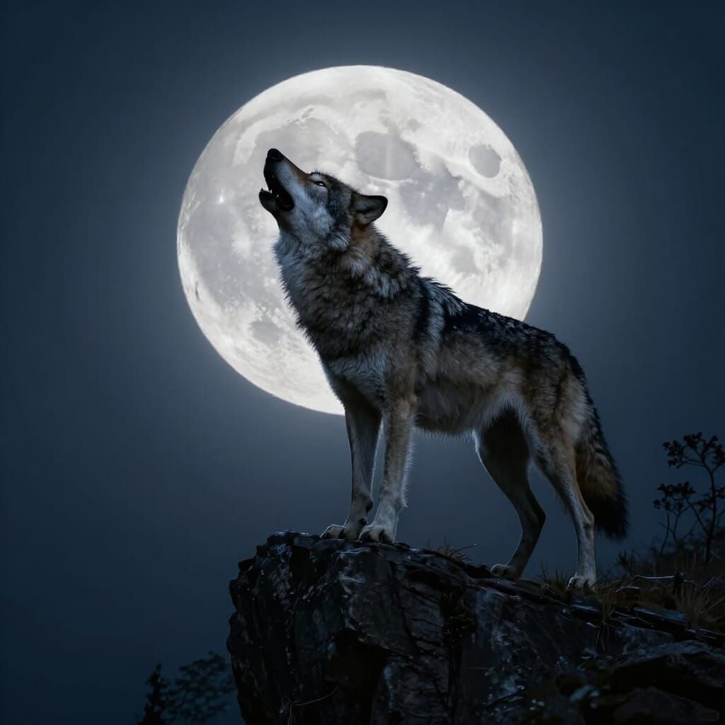 Wolf Howling at Luminous Moon on Cliff Top