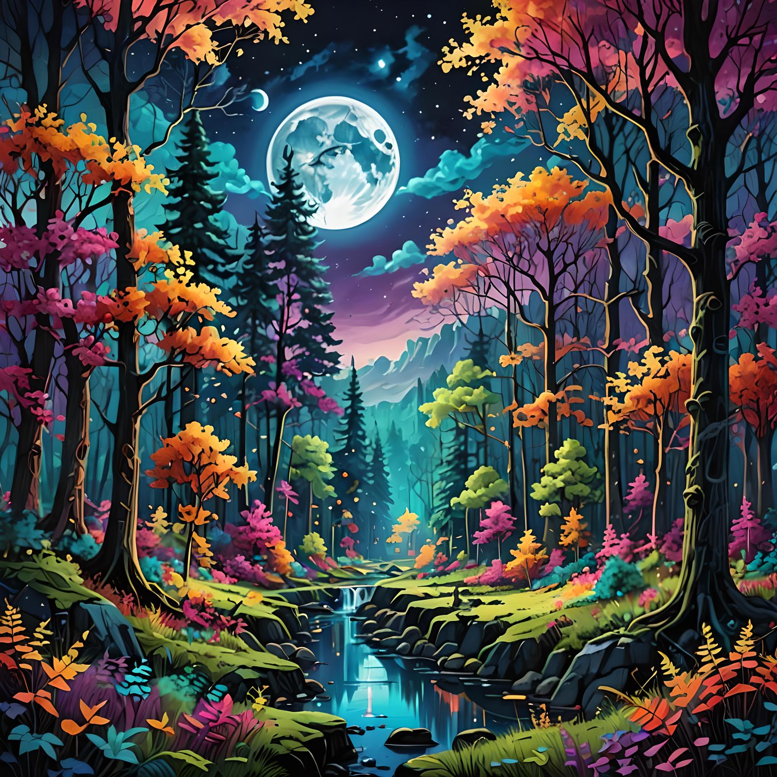 Hyperdetailed Vibrant Dreamscape Moonlit Forest