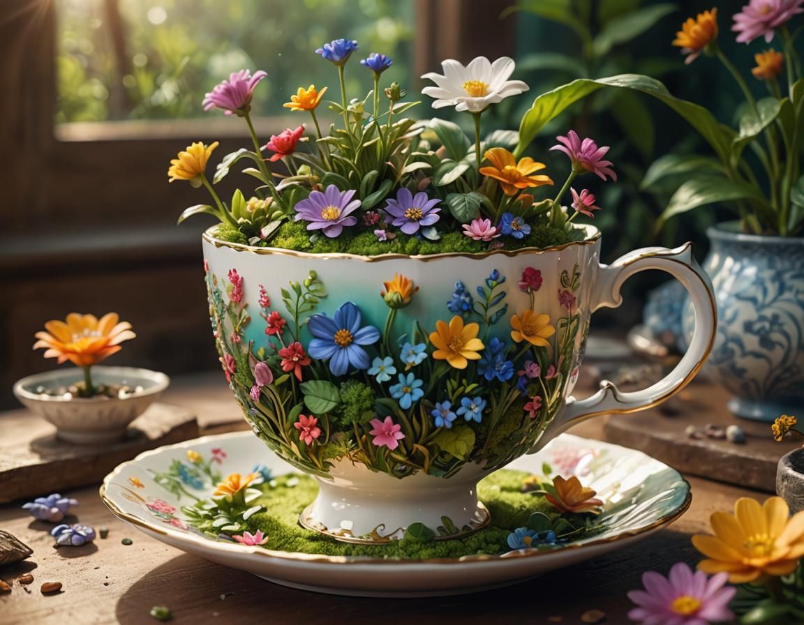 Teacup Ecosystem: Miniature World in Hyperrealistic Style