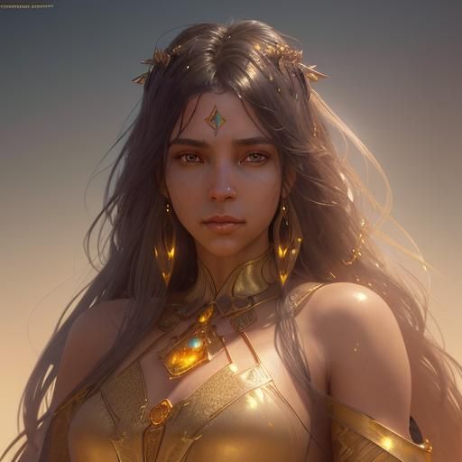 Desert Princess wearing Golden sheer robes backlit from sunl...