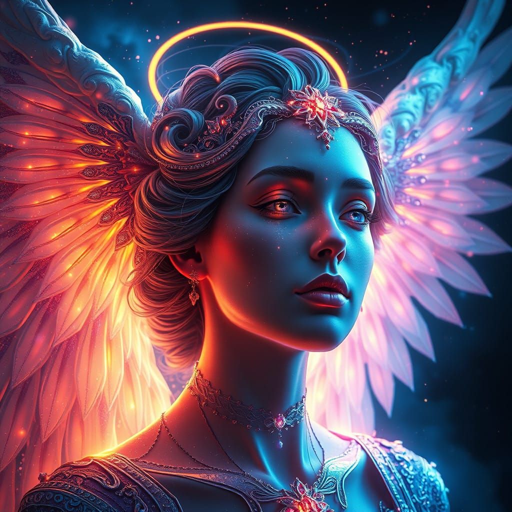 Ethereal Cosmic Angel Portrait in High-Contrast Art Nouveau....