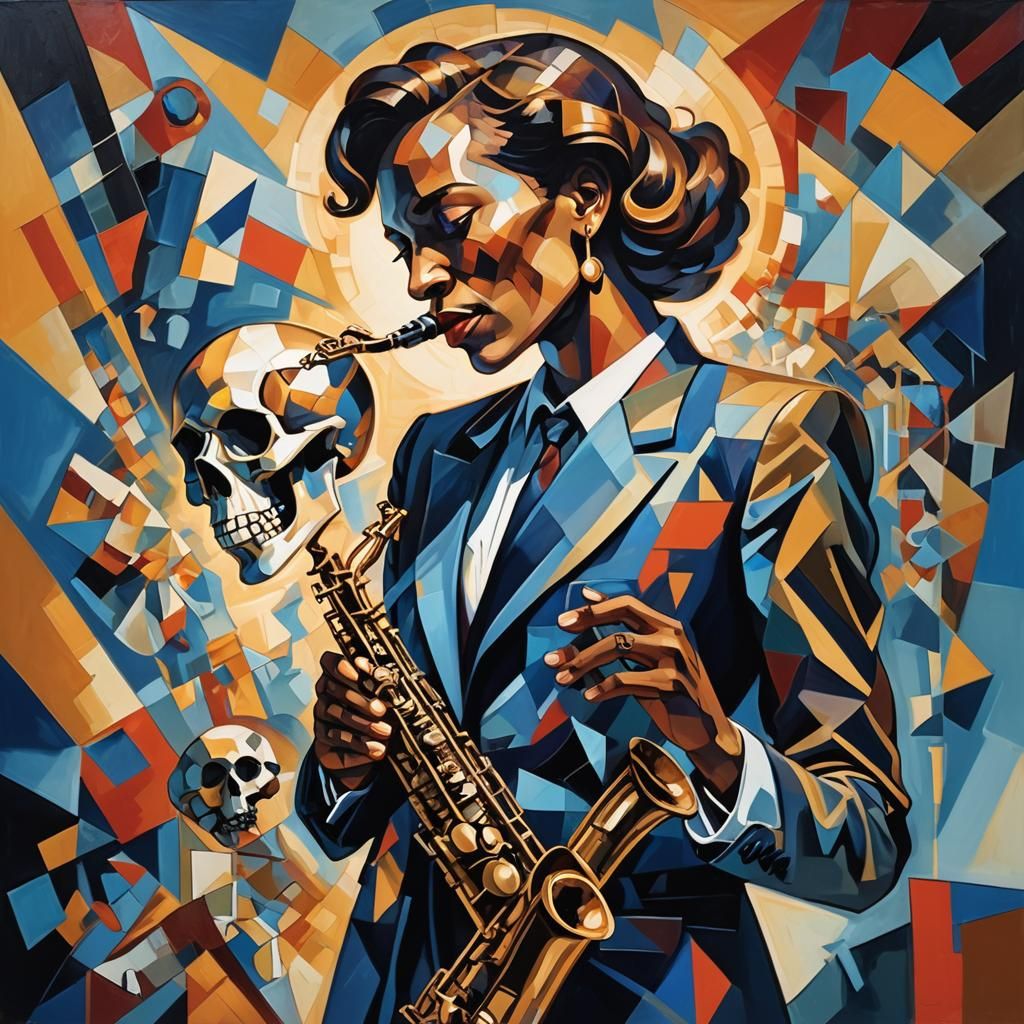 Cubist Jazz Singer with Skull and Saxophone