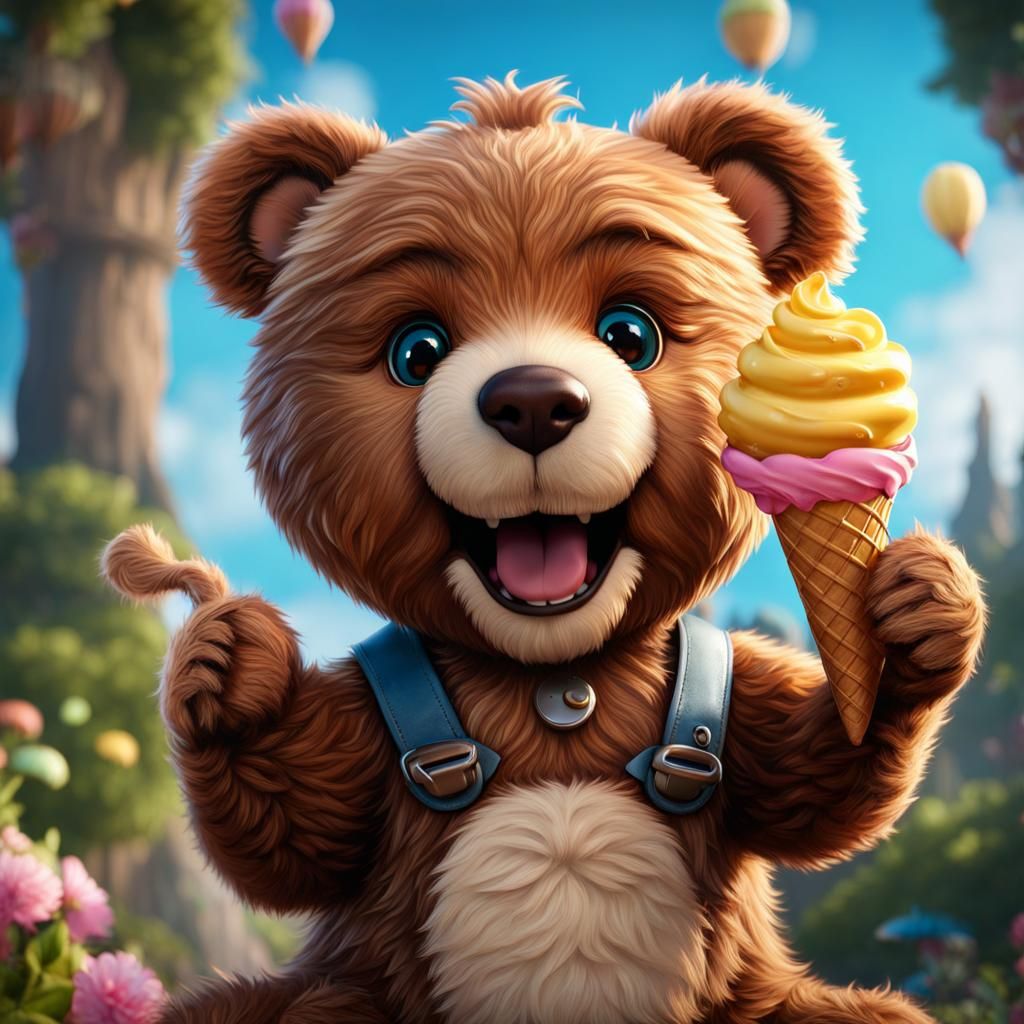Excited Teddy Bear with Ice Cream: Fantasy Art