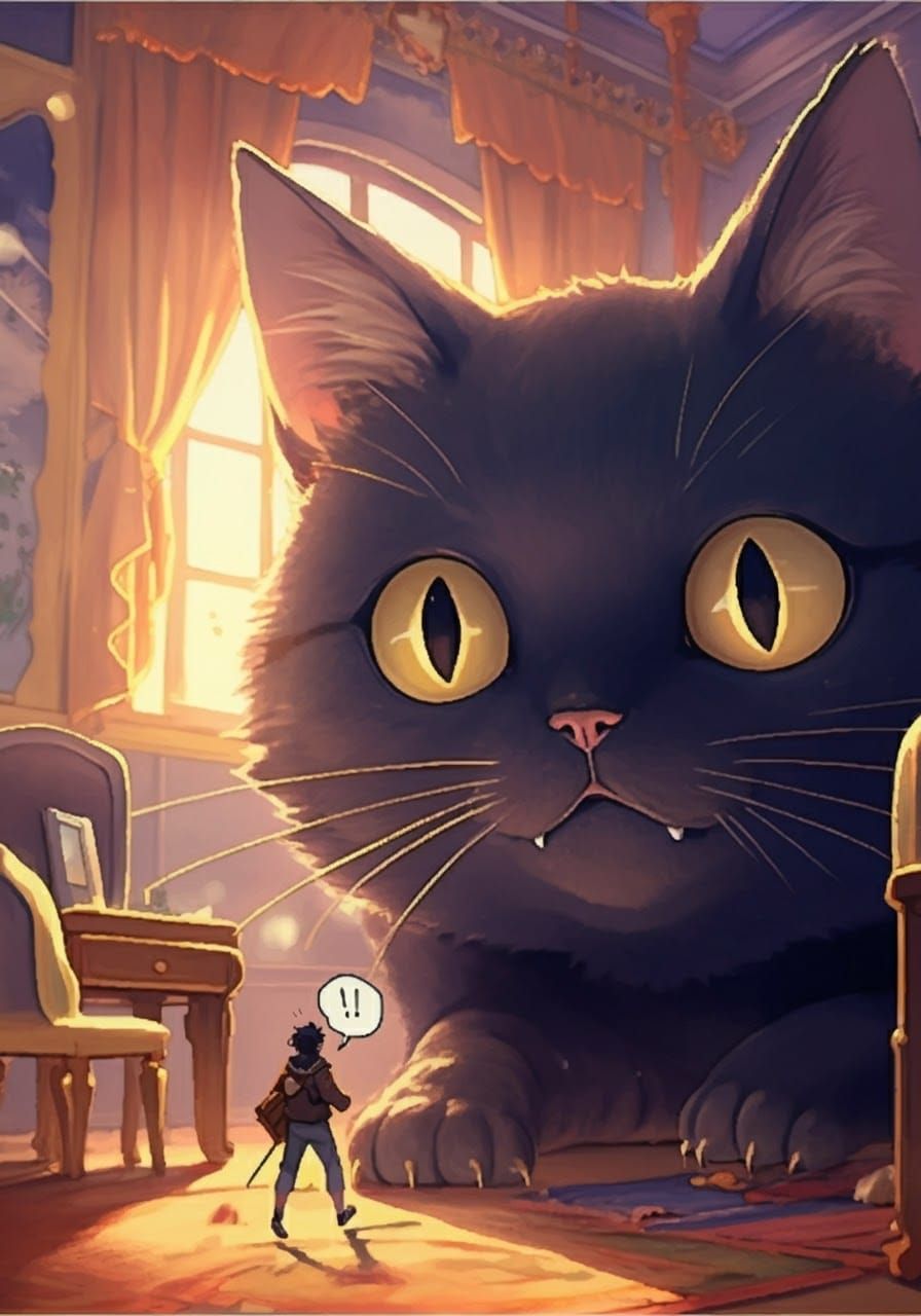Giant Cat Encounter in Anime Watercolor Style