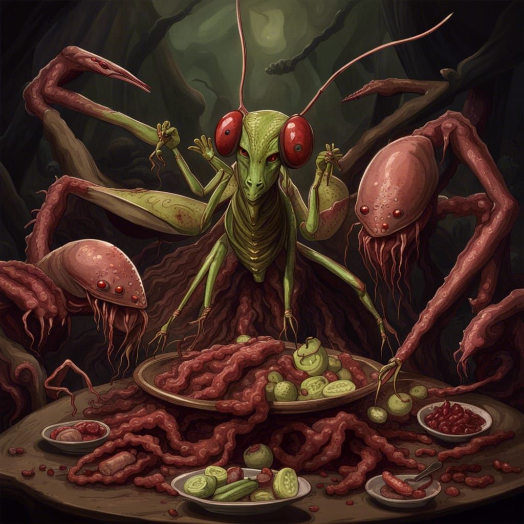 Nightmarish Praying Mantis Feast on Human Remains