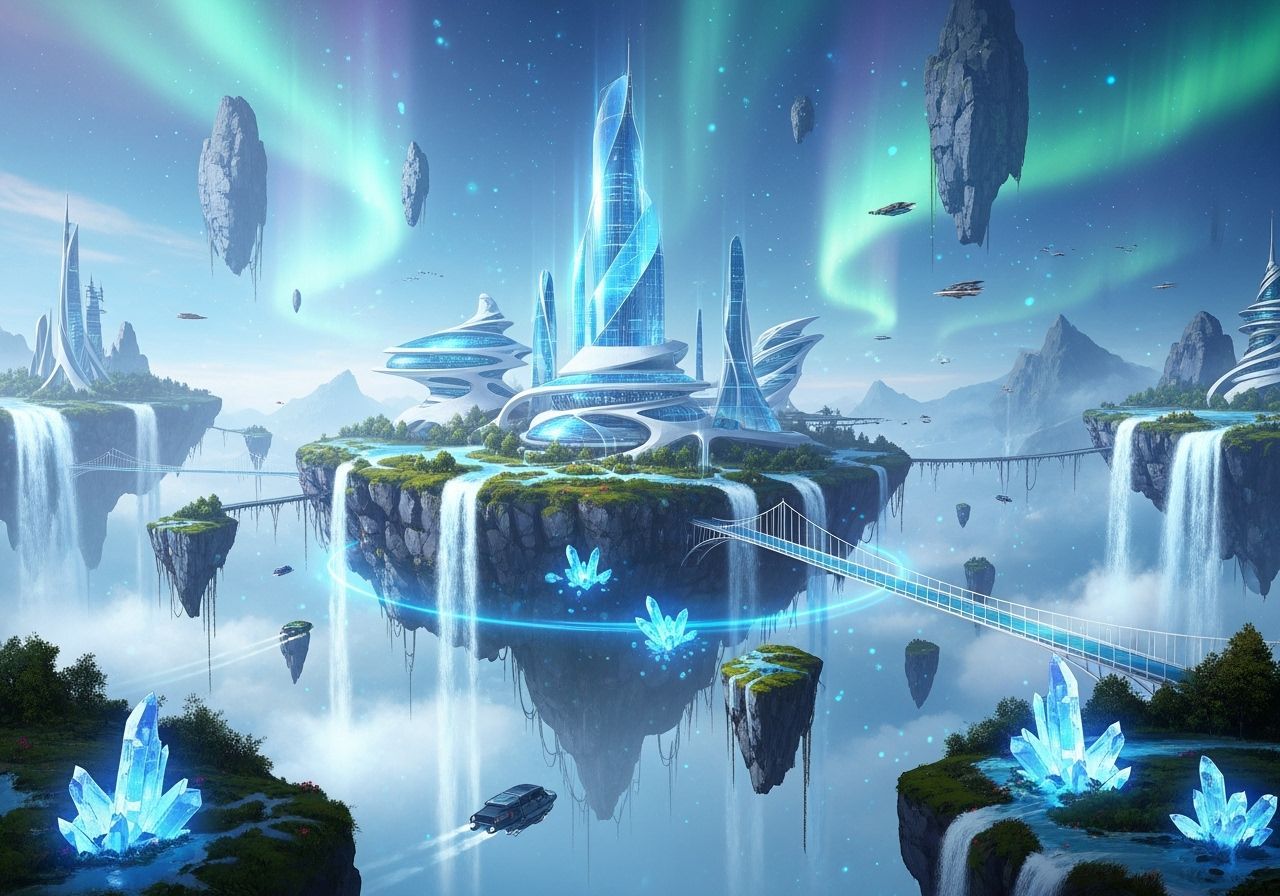 Ethereal Futuristic Islands with Light Bridges & Aurora Sky