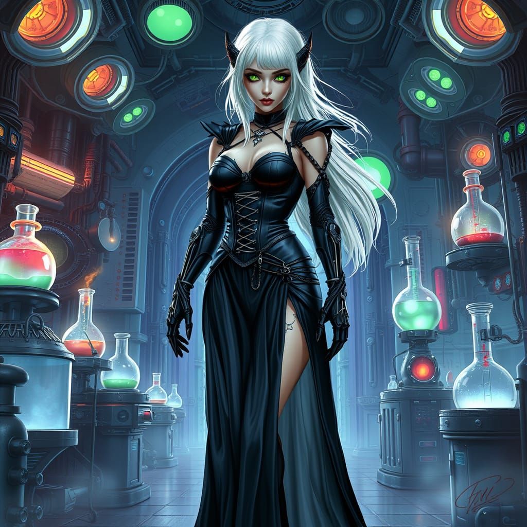 Gothic Cyborg Enchantress in Cyberpunk Laboratory