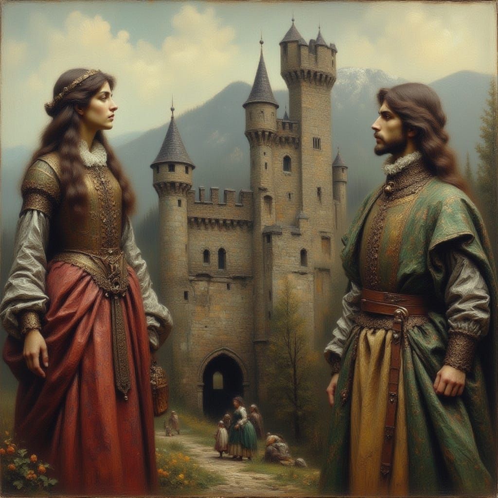 Medieval Couple Outside Castle with Golden Leaf Effect