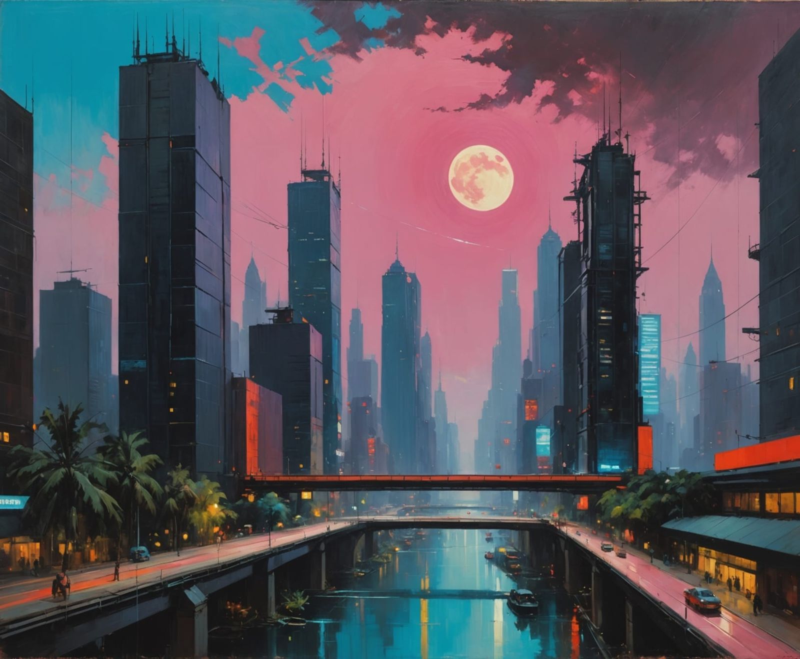 Surreal Futuristic Metropolis at Night with Cyberpunk Glow