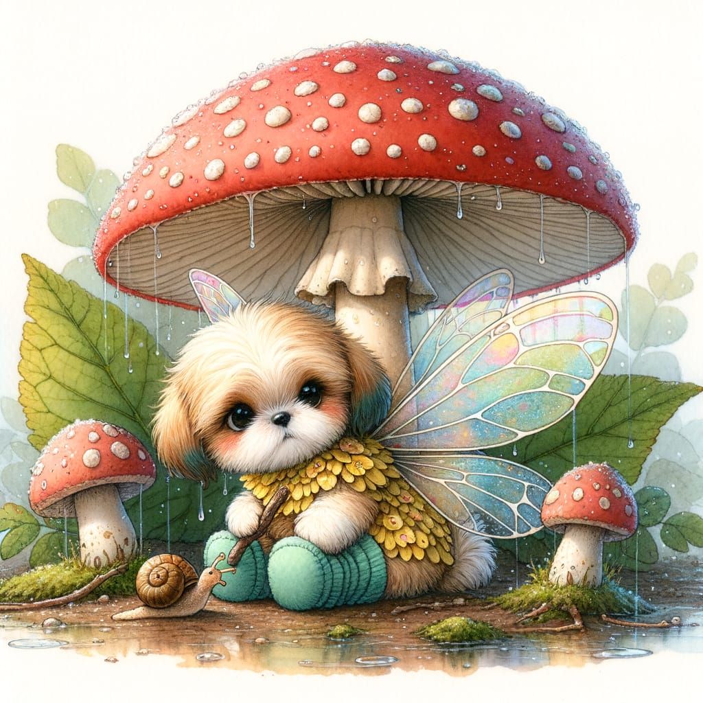 Adorable Shih Tzu Fairy Under Toadstool Children's Book Art