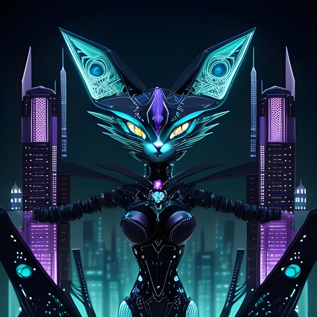 Intricate Cyber Cat in Futuristic Cityscape