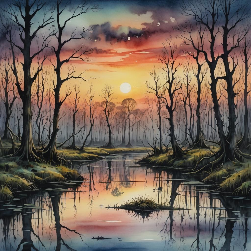 Whimsical Swamp Sunset Watercolor Landscape