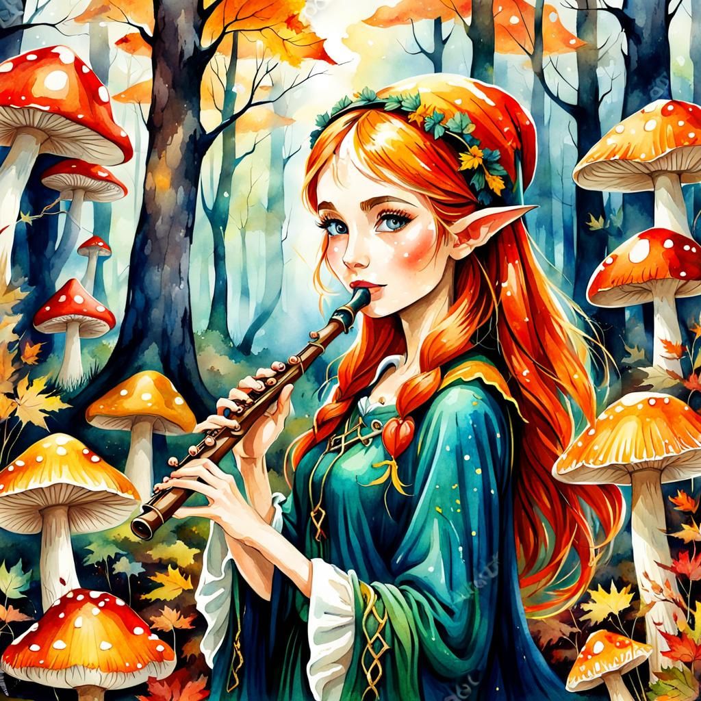Elf Maiden in Autumn Forest, Watercolor Style