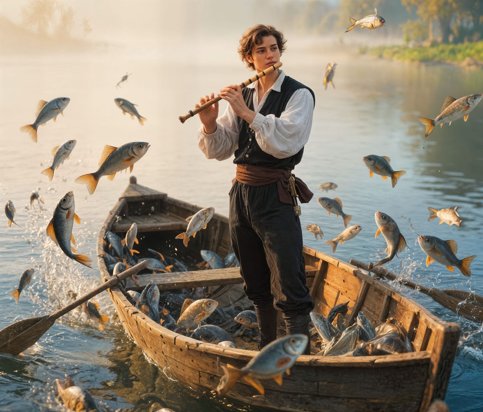 Photorealistic Pied Piper with Leaping Fish in Rowboat