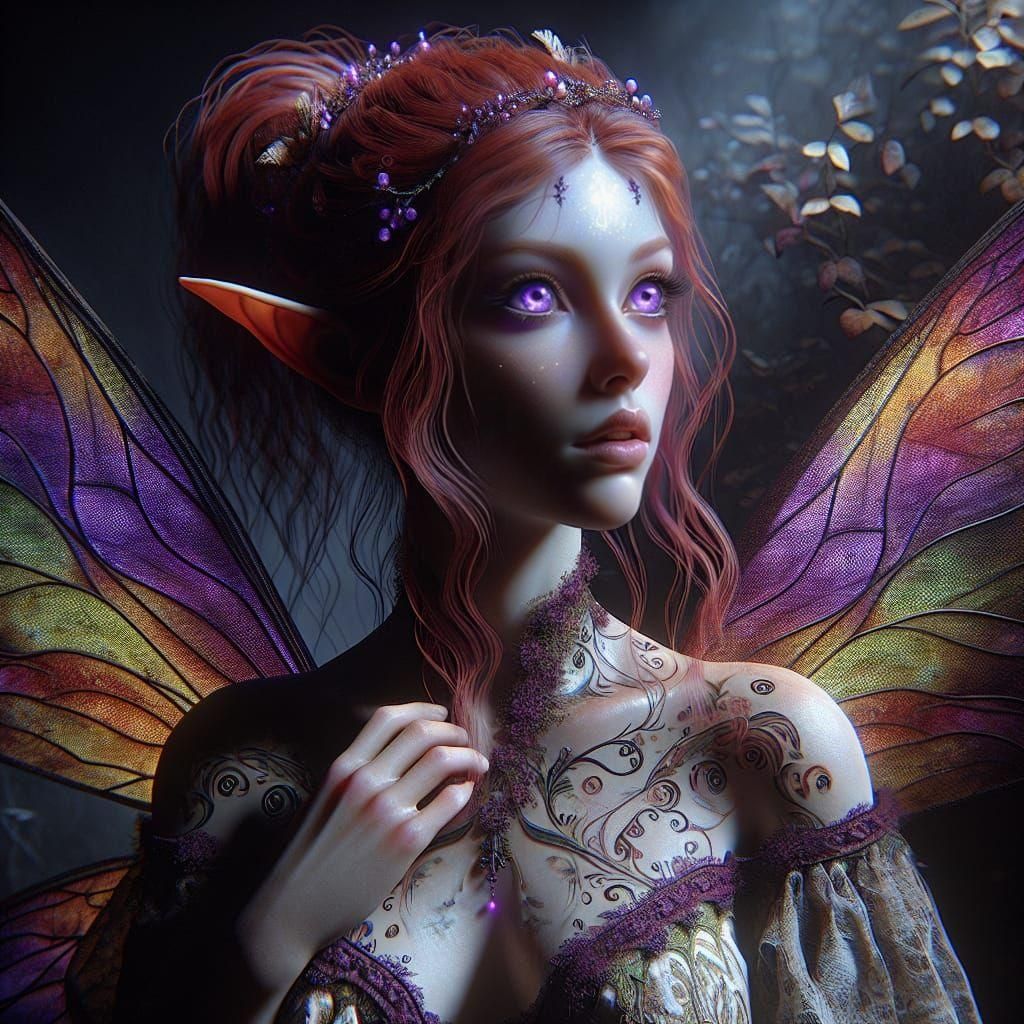 oil painting, a female fairy with red hair , purple eyes , e...