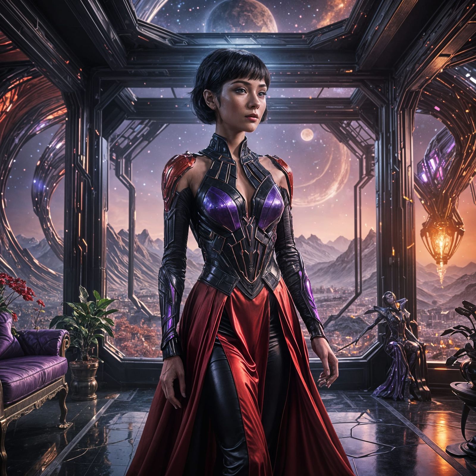 Beautiful Alien Woman in High-Tech Living Room