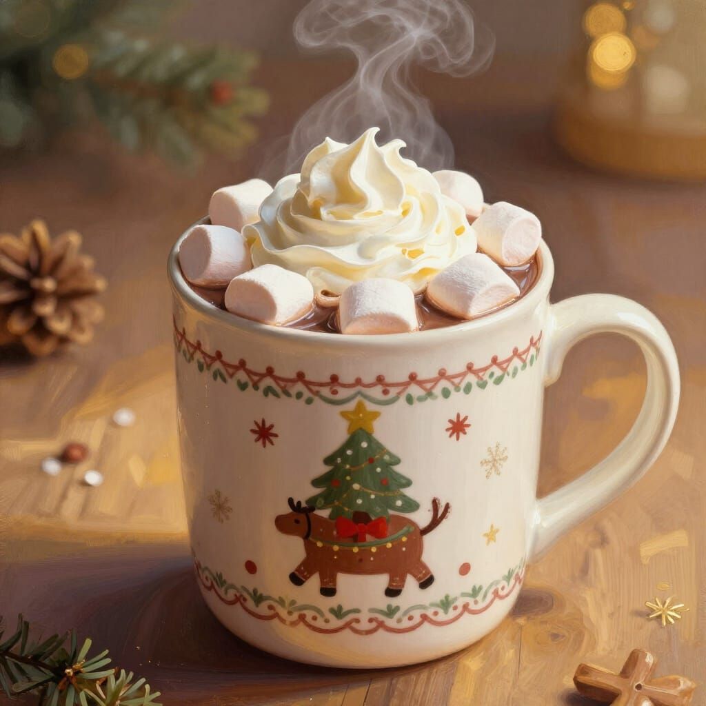 Festive Christmas Mug with Hot Chocolate and Marshmallows