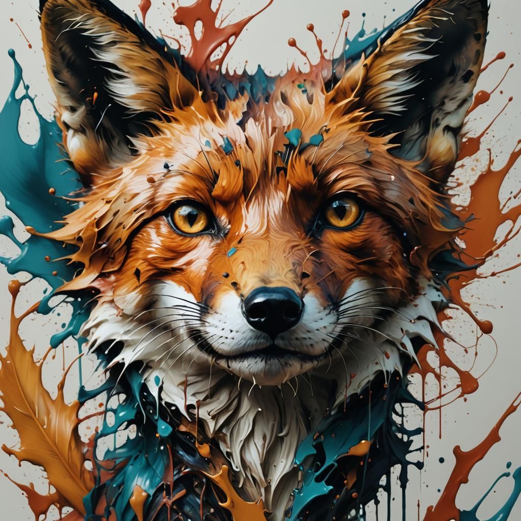Hyperrealistic Fox Portrait in Inkblot Style