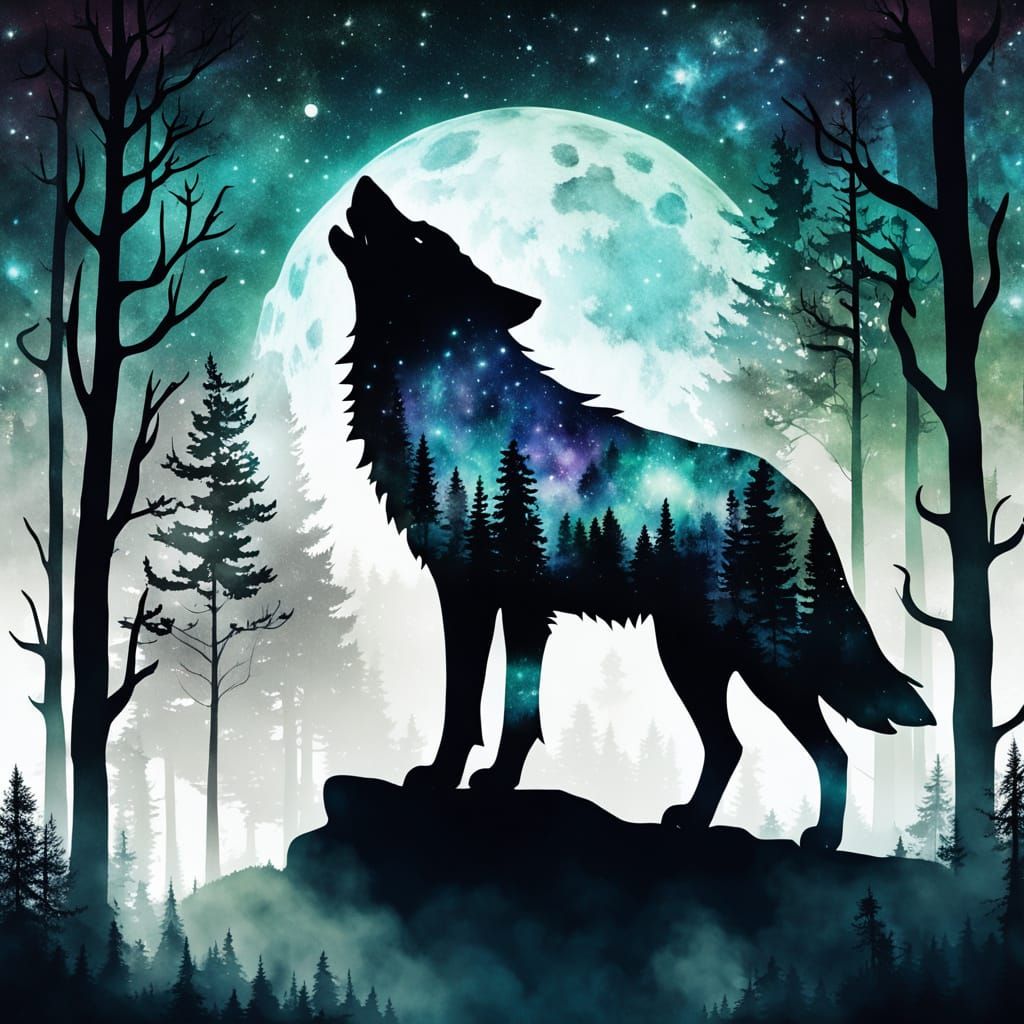 Cosmic Wolf Howling in Misty Forest, Digital Art