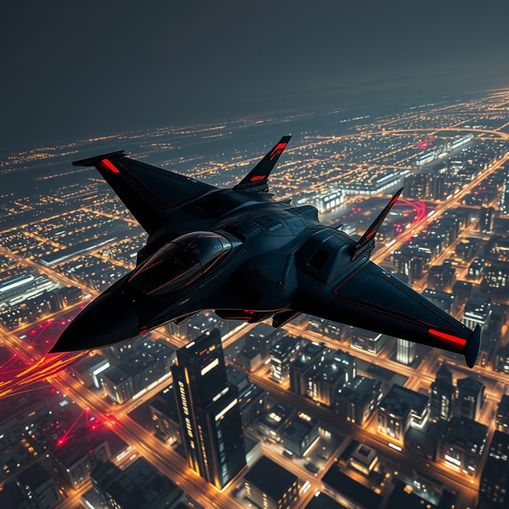 Cyberpunk Raven Fighter Soars Over Futuristic Metropolis