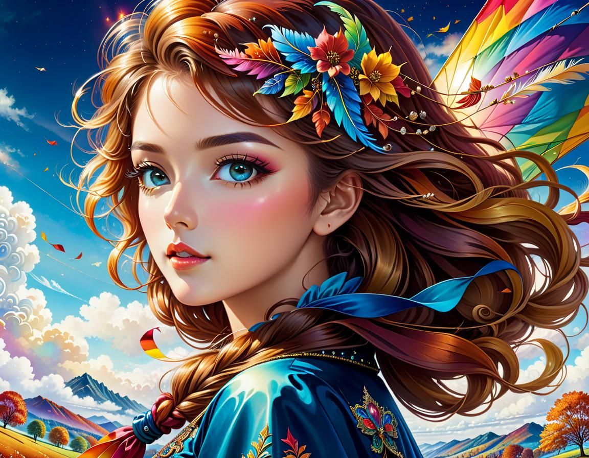 Colorful Kite Ascends in Whimsical Autumn Landscape