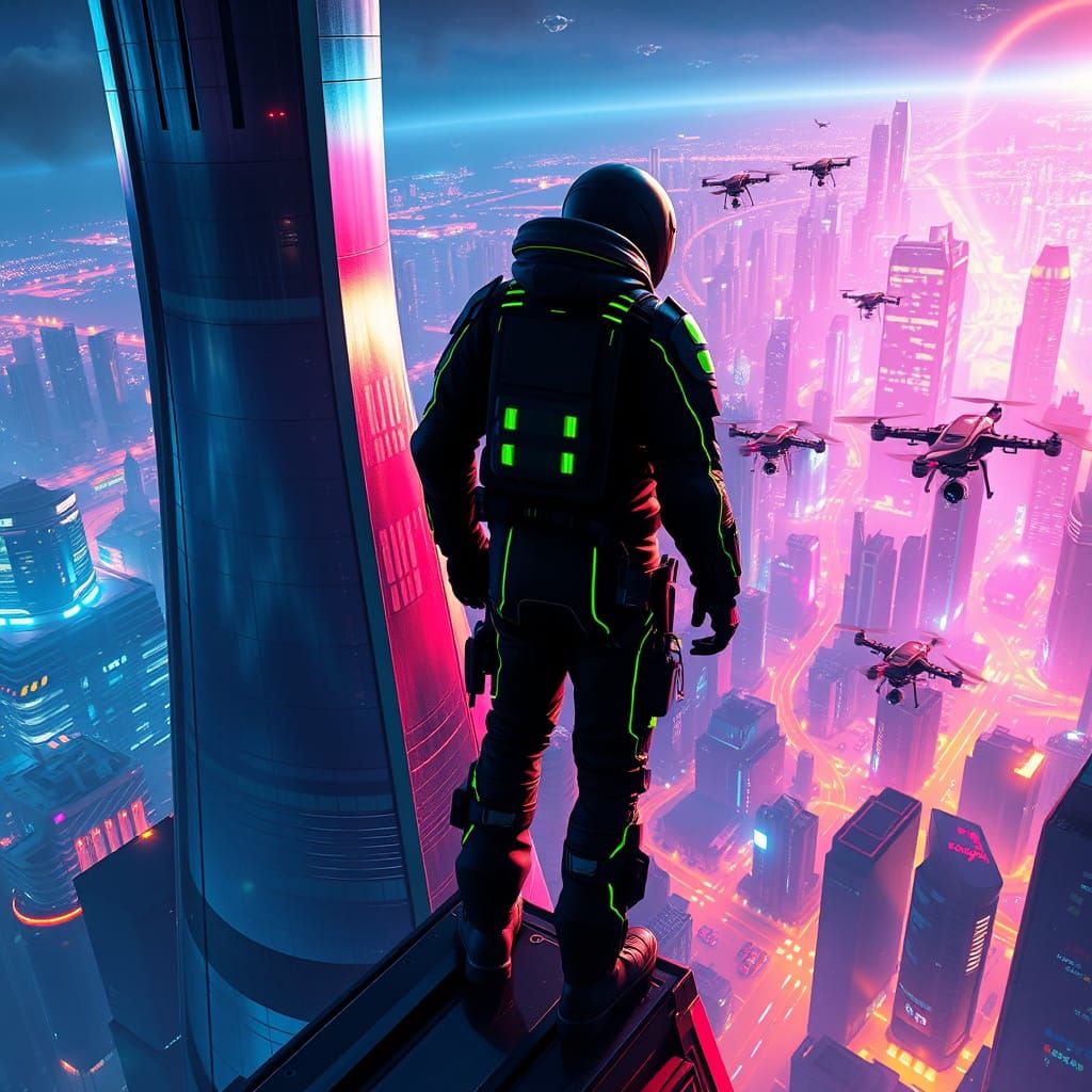 Sleek Space Explorer Stands at Edge of Futuristic Metropolis