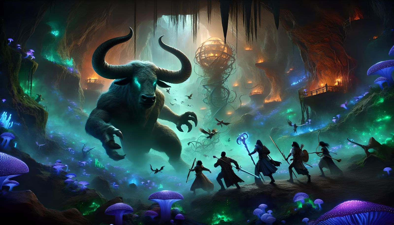 Minotaur Battle in Bioluminescent Underdark, Digital Matte P...