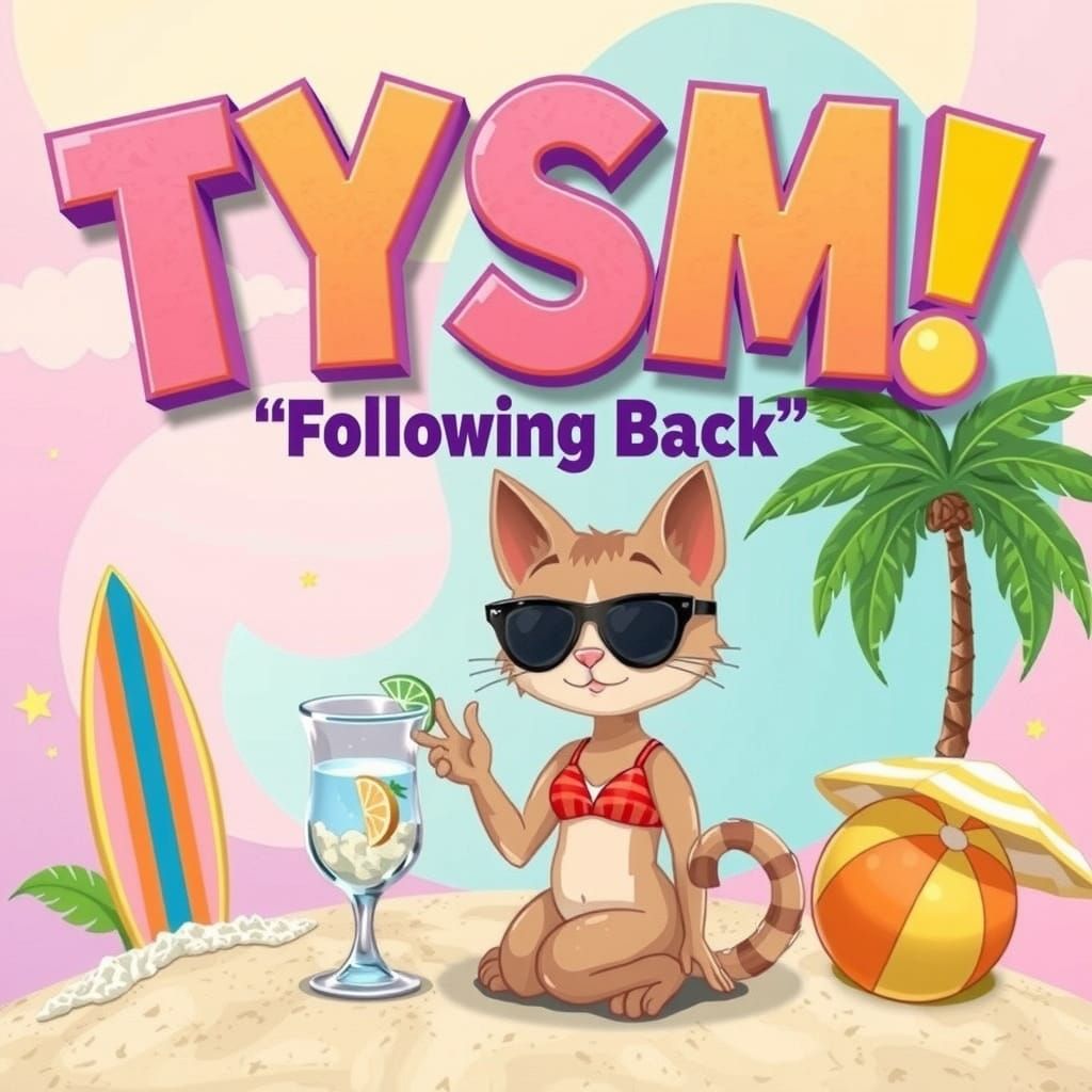 Vibrant and playful raised text that says "TYSM Following Back" set against a subtly textured backdrop in a whimsical, m...