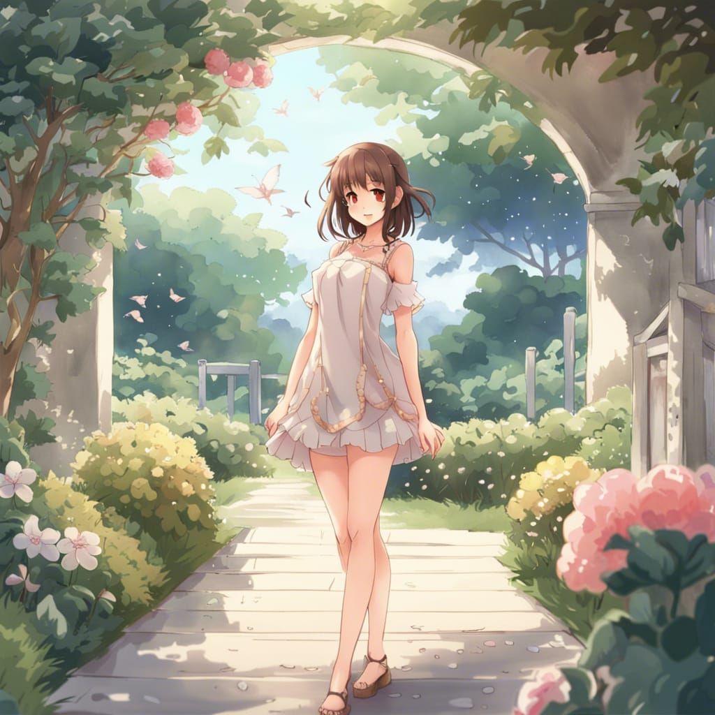 Anime Girl in Garden, Japanese Manga Style
