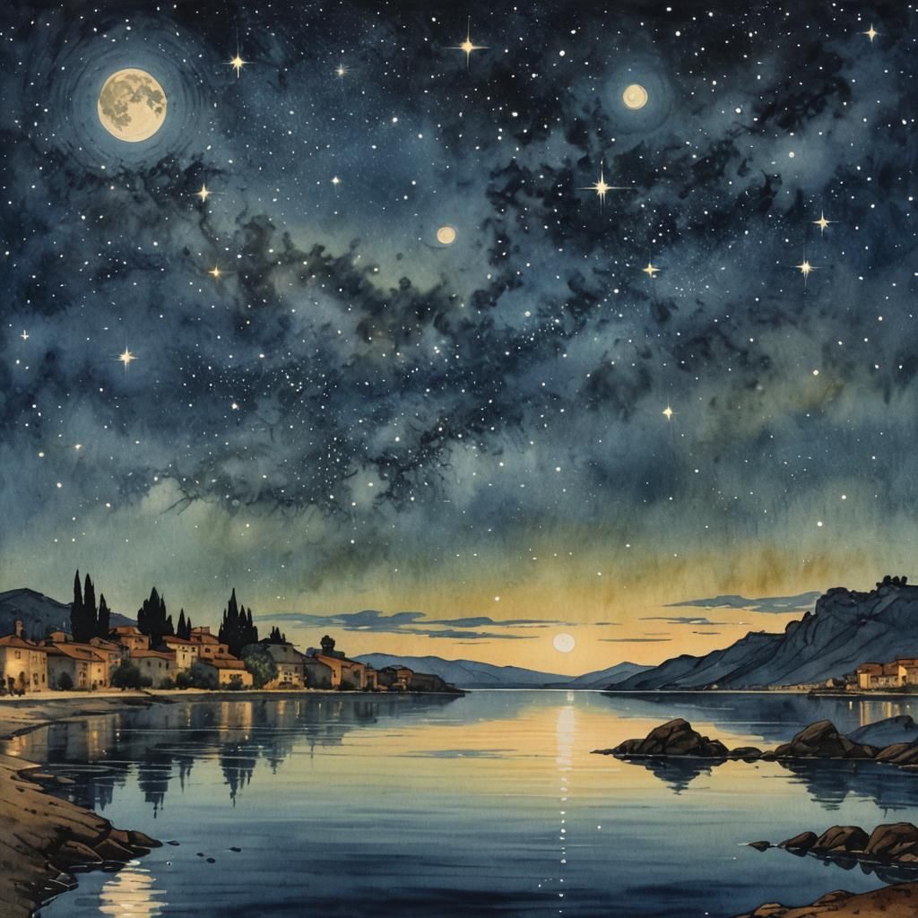 Dramatic Starry Night Reflection in Watercolor Style