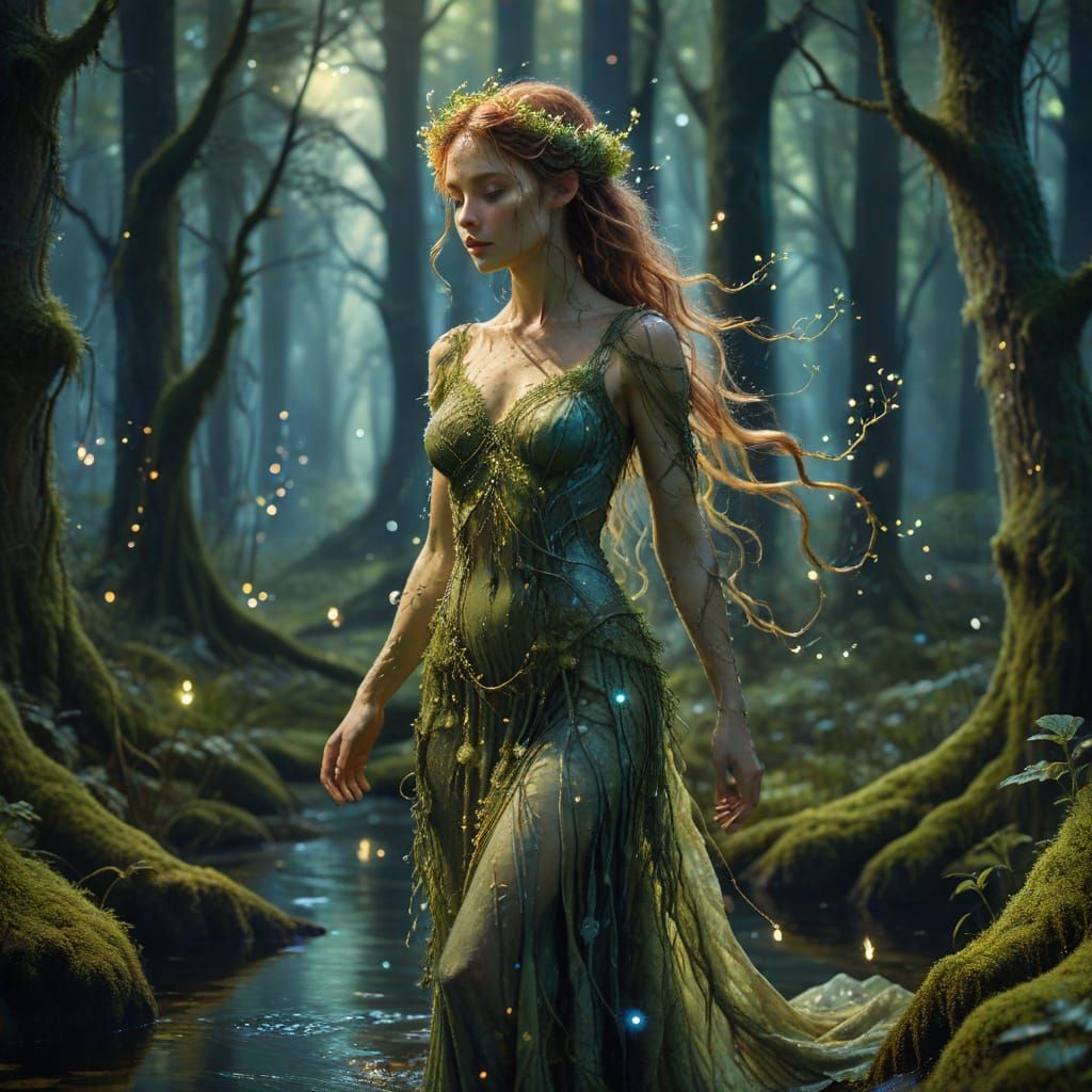 Ethereal Dryad in Bioluminescent Forest, Watercolor Style