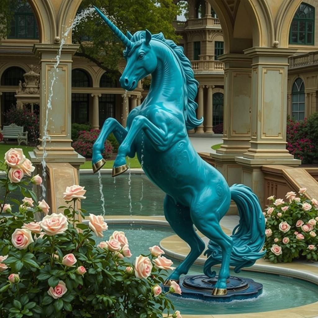 Bronze Unicorn Fountain in Lush Garden, Impasto Style