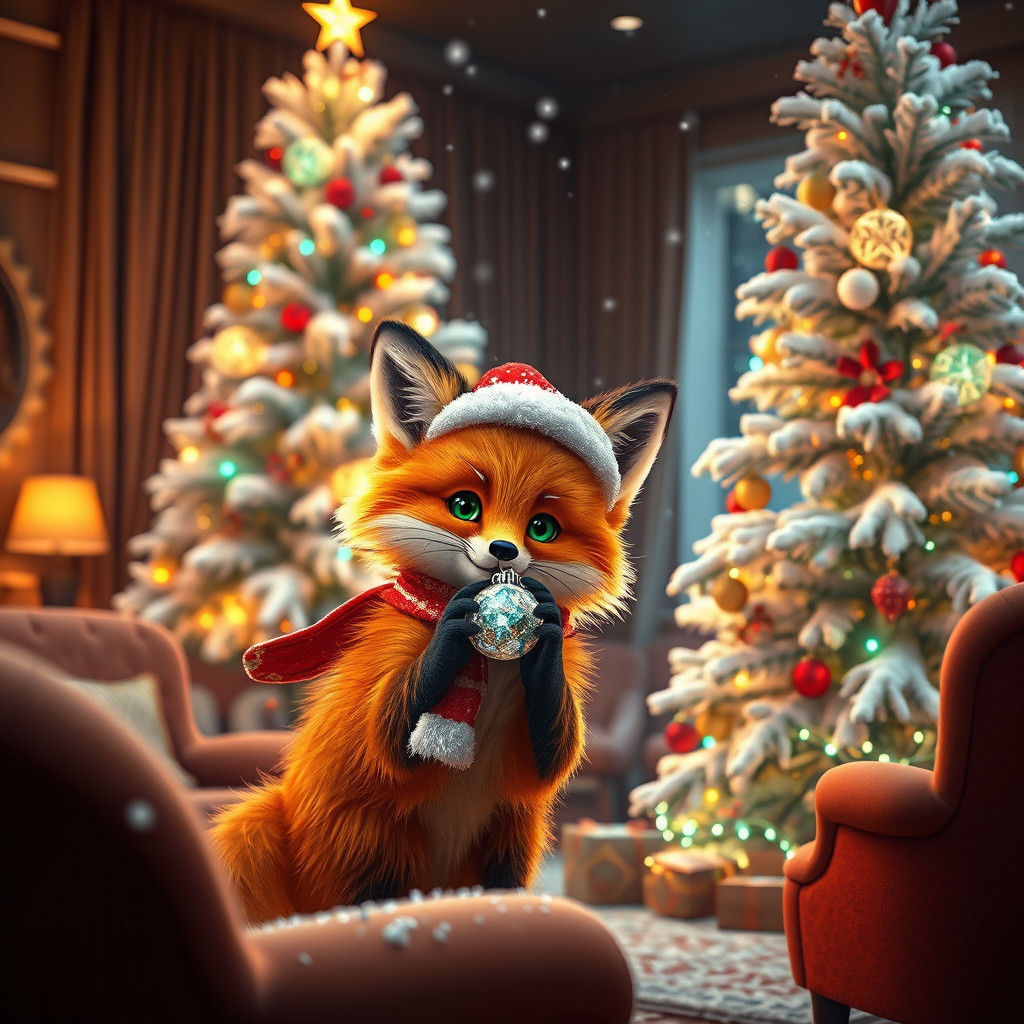 Fox Decorates Christmas Tree in Cozy Den