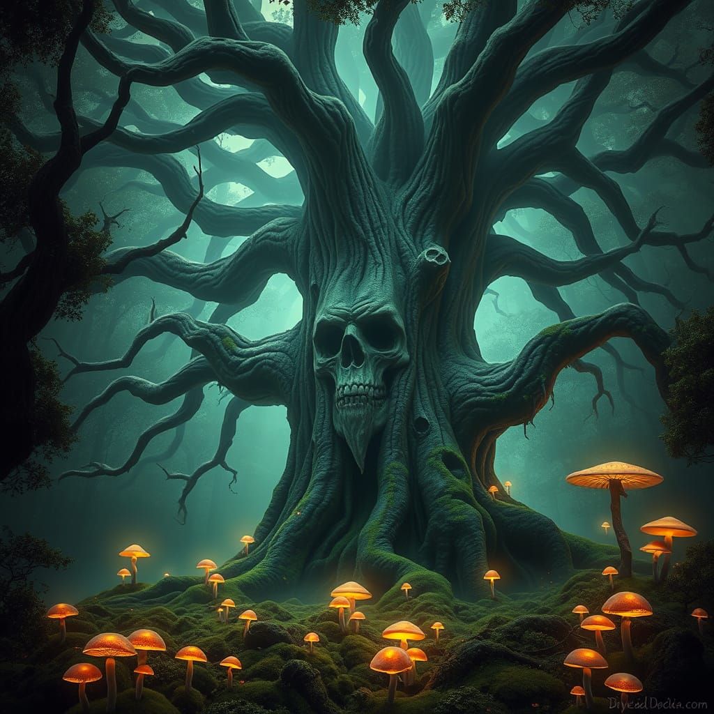 Ethereal Ancient Oak with Enchanted Trunk Carving