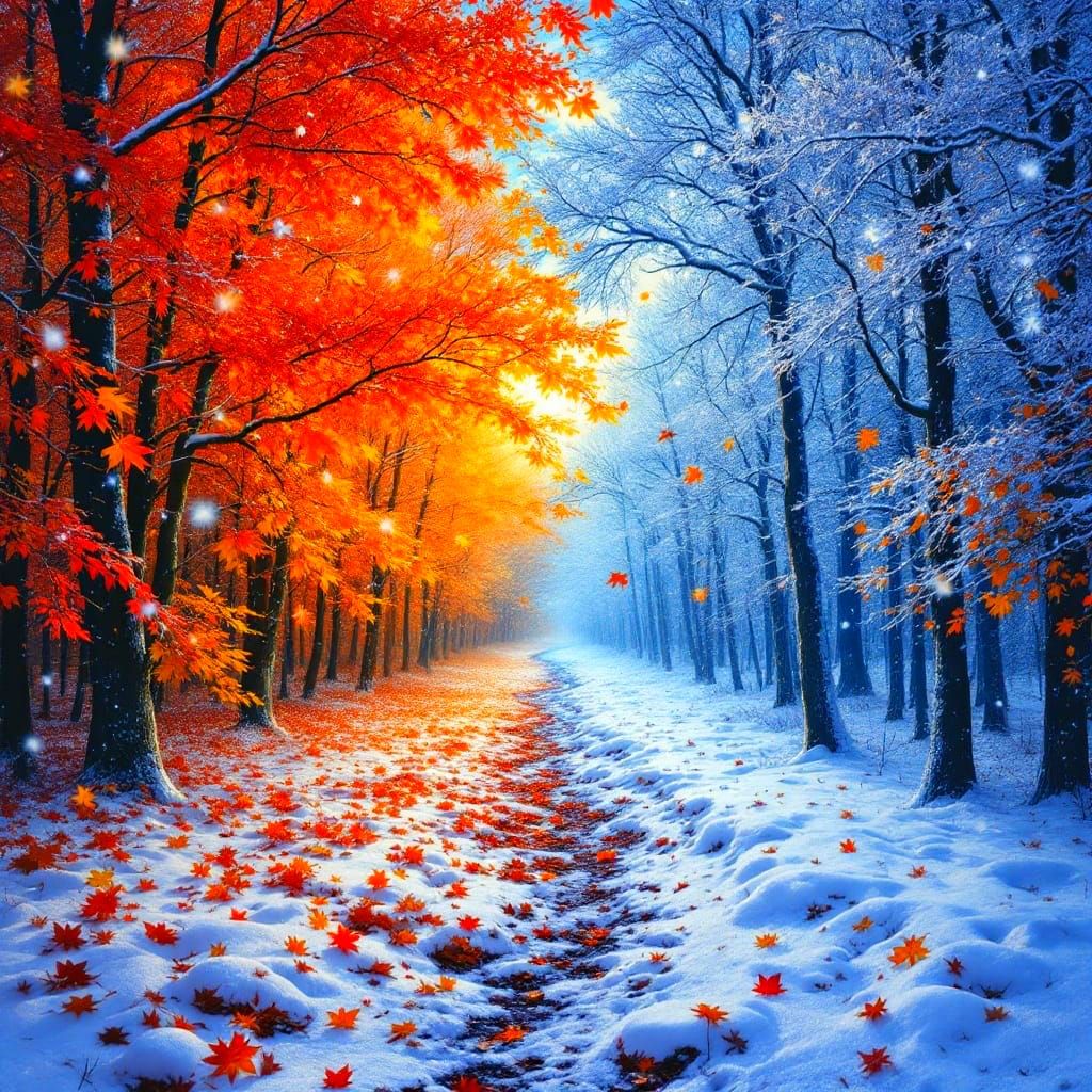 Surreal Clash of Opposite Seasons in Vibrant Autumn and Fros...