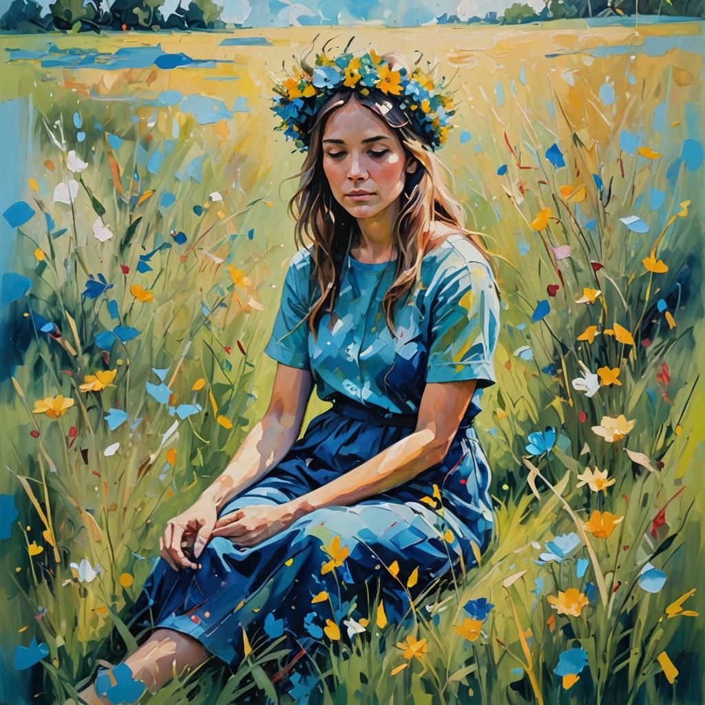 Floral Crown in Meadow: Abstract Expressionist Oil Painting