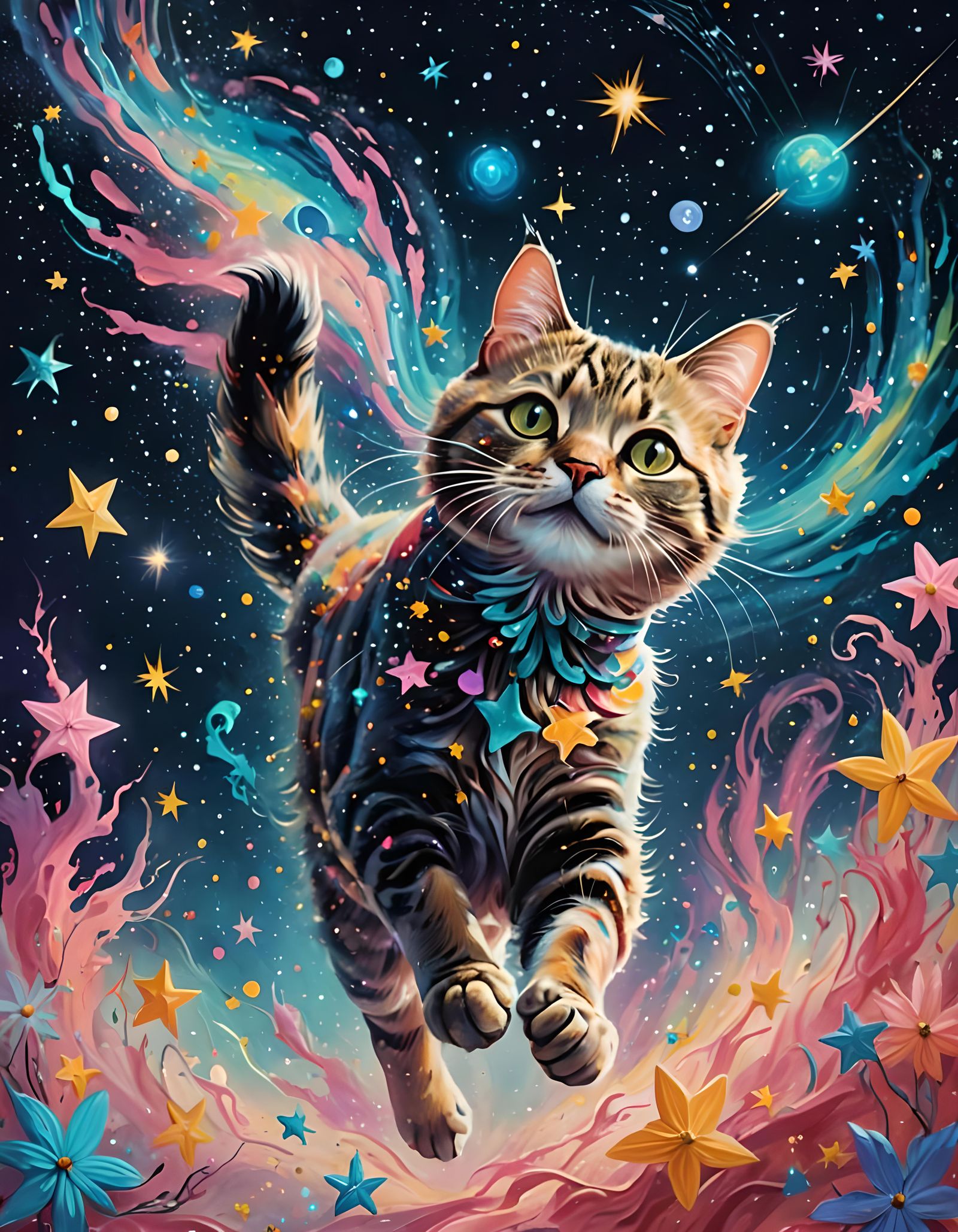 Cat's Whimsical Flight Through Vibrant Cosmos
