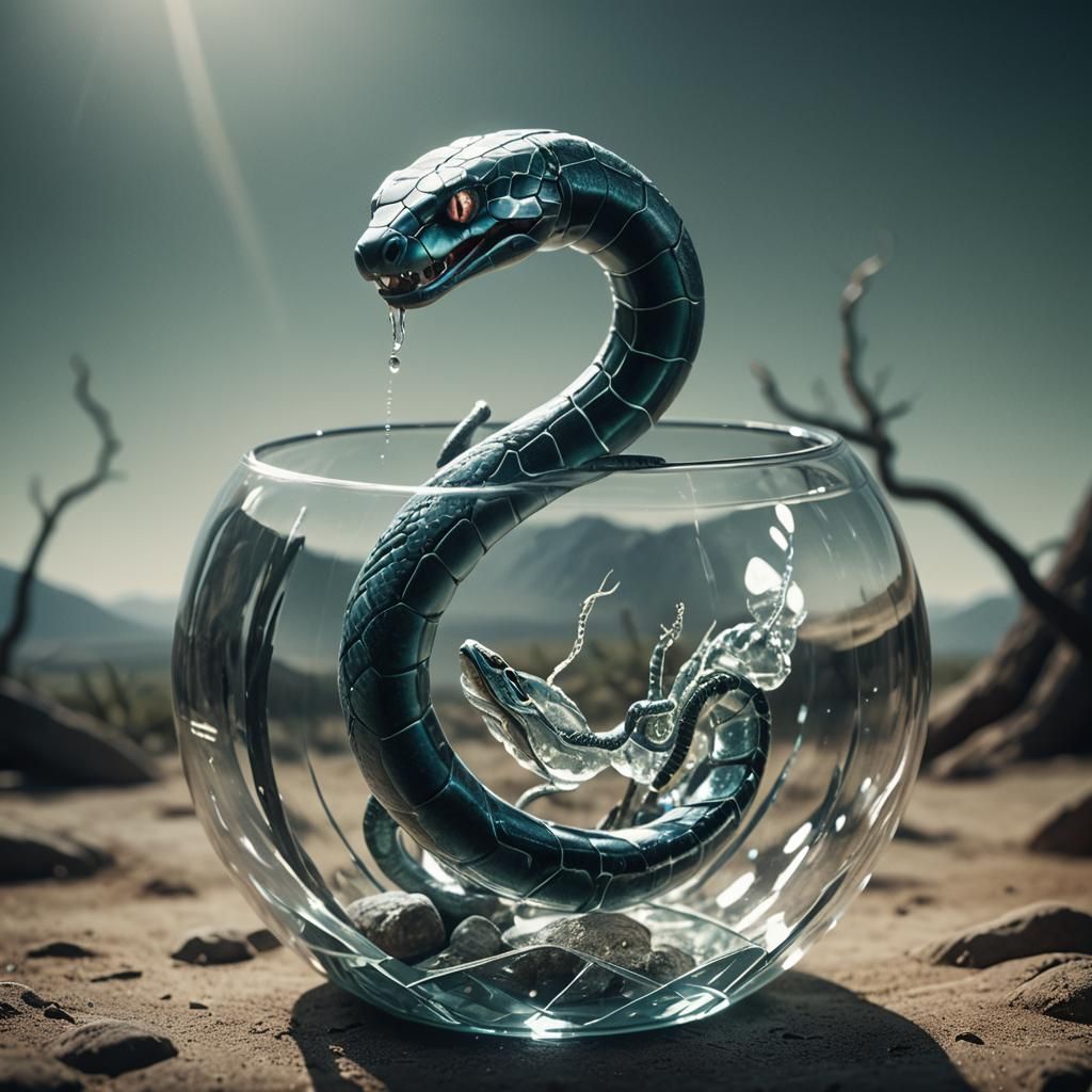 Diamond Snake Emerges from Glass Vessel: Cinematic Still