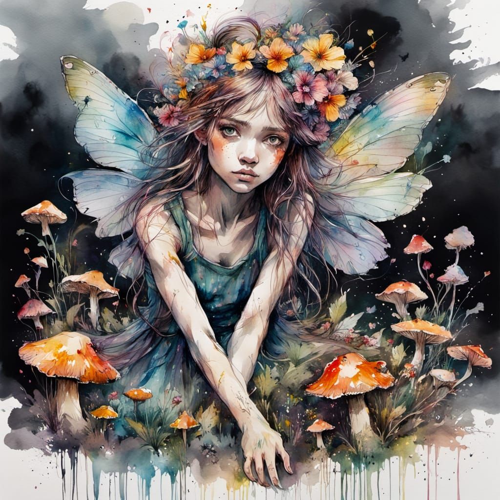 Playful Fairy on Mushroom in Vibrant Watercolour Style