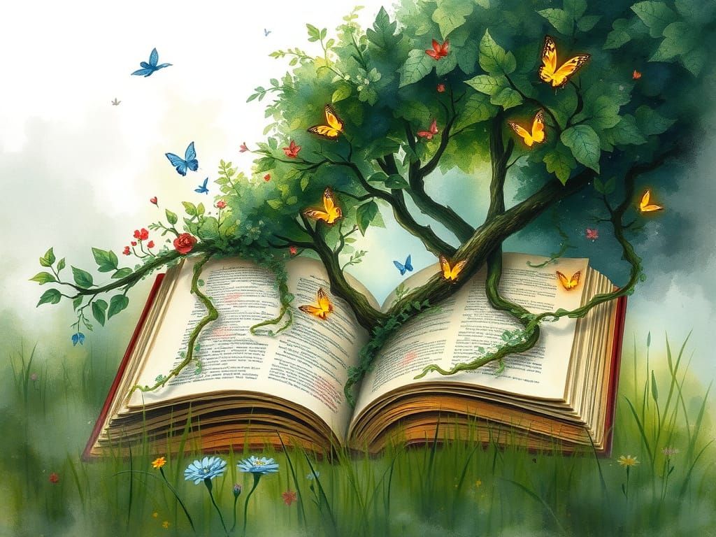 Whimsical Watercolor Dreamscape: Ancient Book Transforms int...