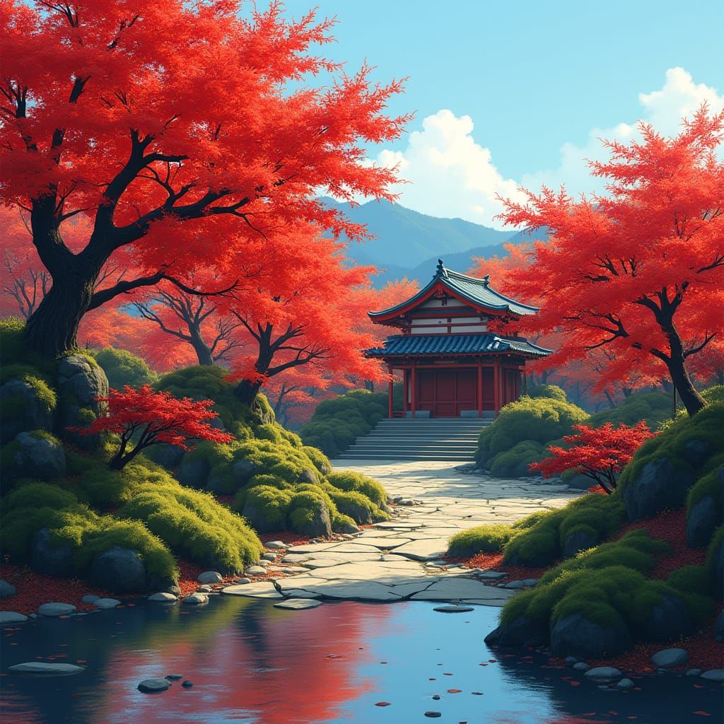 Autumn Maple Garden with Teahouse in Minimalist Style