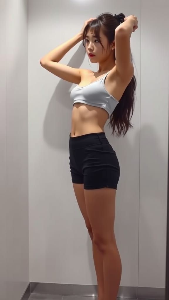 Korean Woman in Dressing Room, Crop Top Removed