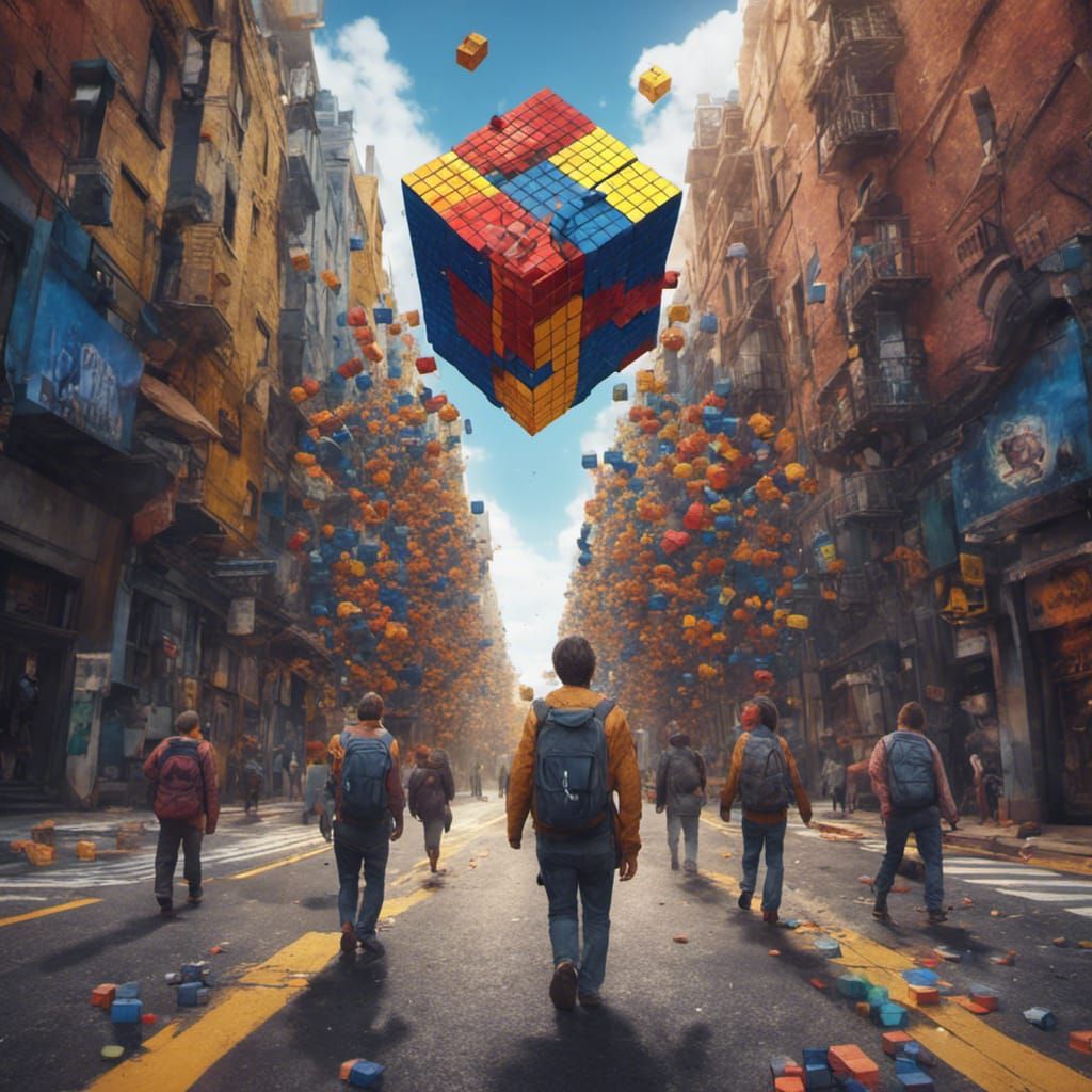 People Made of Rubix Cubes Walking Down Street
