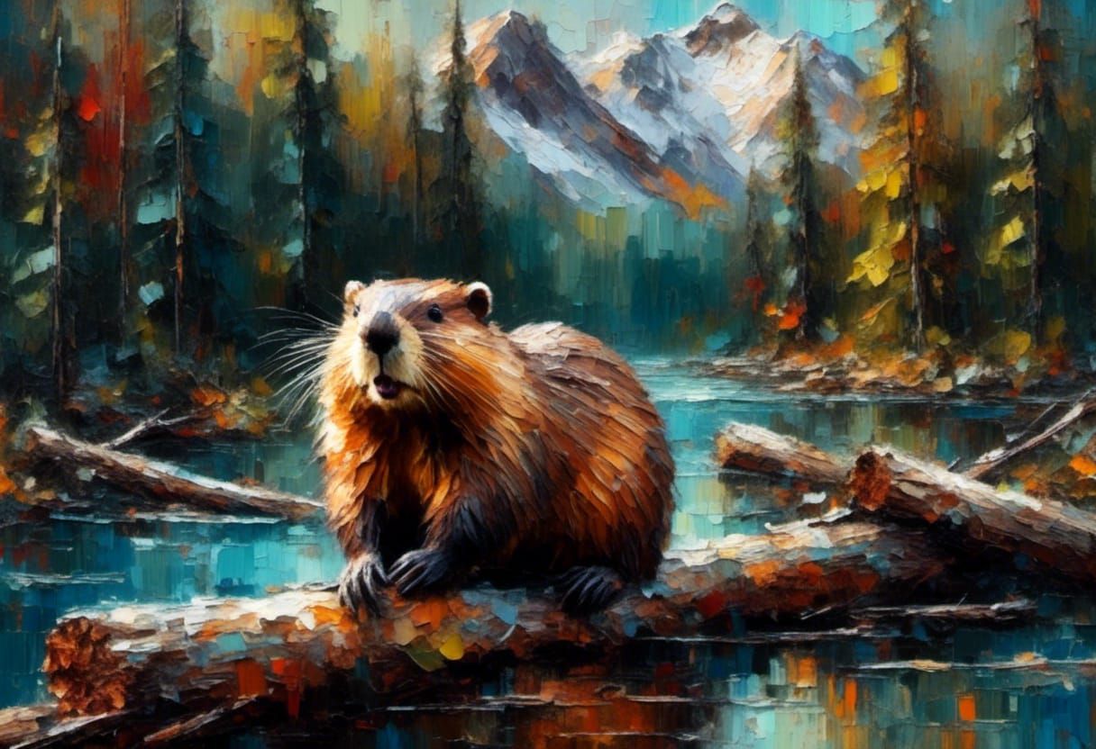 Canadian Beaver in Oil Painting with Impasto Strokes