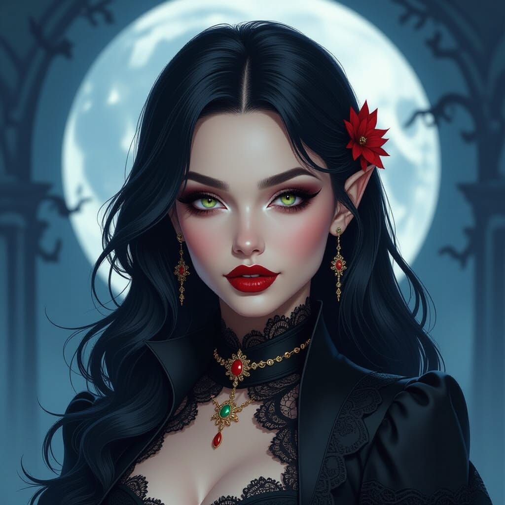 Elegant Vampire Woman with Fangs in Gothic Setting