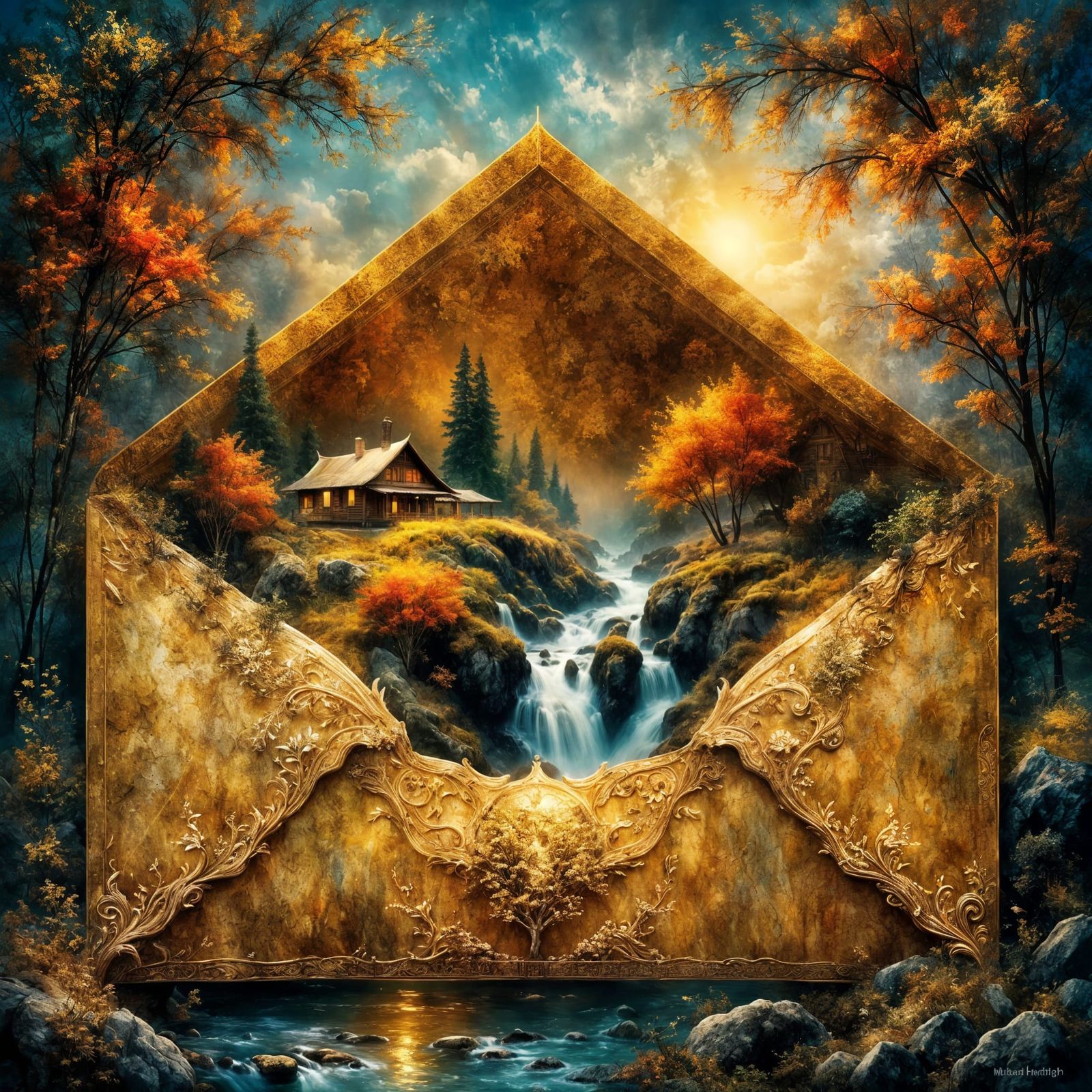 Golden Envelope Reveals Enchanted Autumn Landscape at Sunset